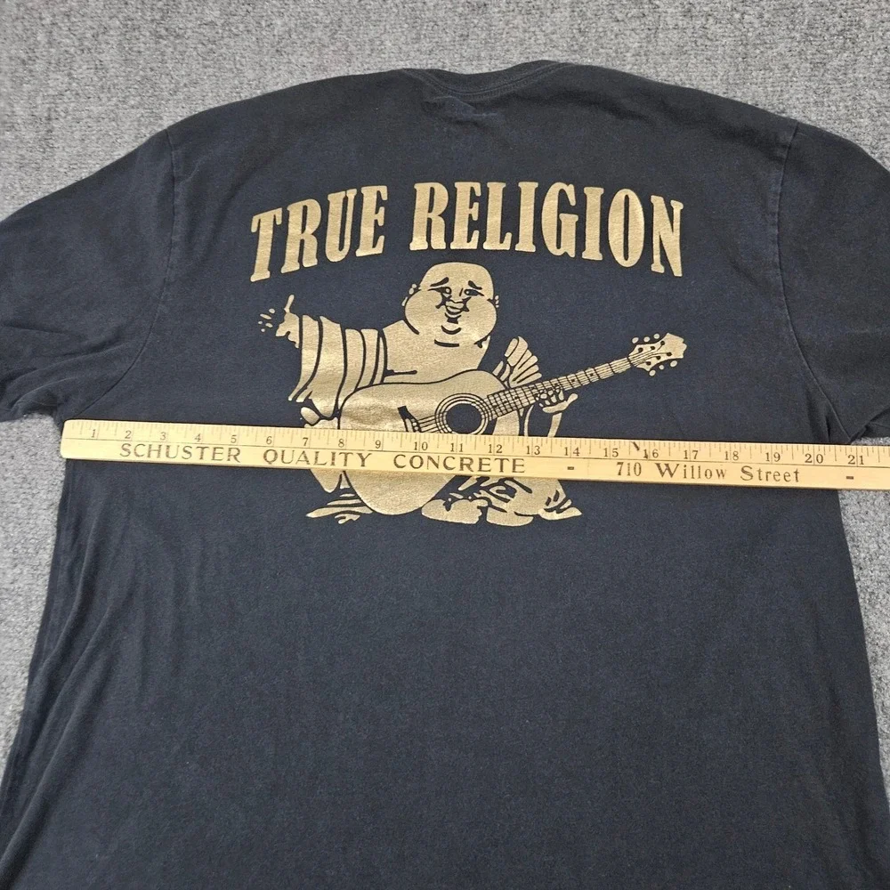 True Religion TShirt Mens Large Black Gold Buddha Guitar Logo‎ Streetwear Y2K